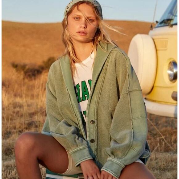 Free People Jordan Jacket Women's Small Green Oversized Front Button Pockets - Picture 1 of 13